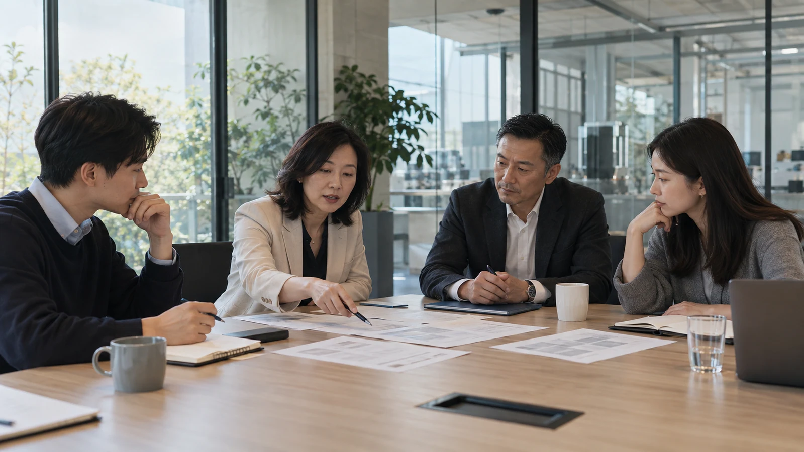 AI-generated illustration of recruiters, business leaders and a consultant discussing a hiring plan