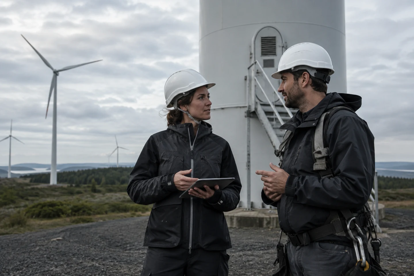 AI-generated illustration of wind engineers discussing a project