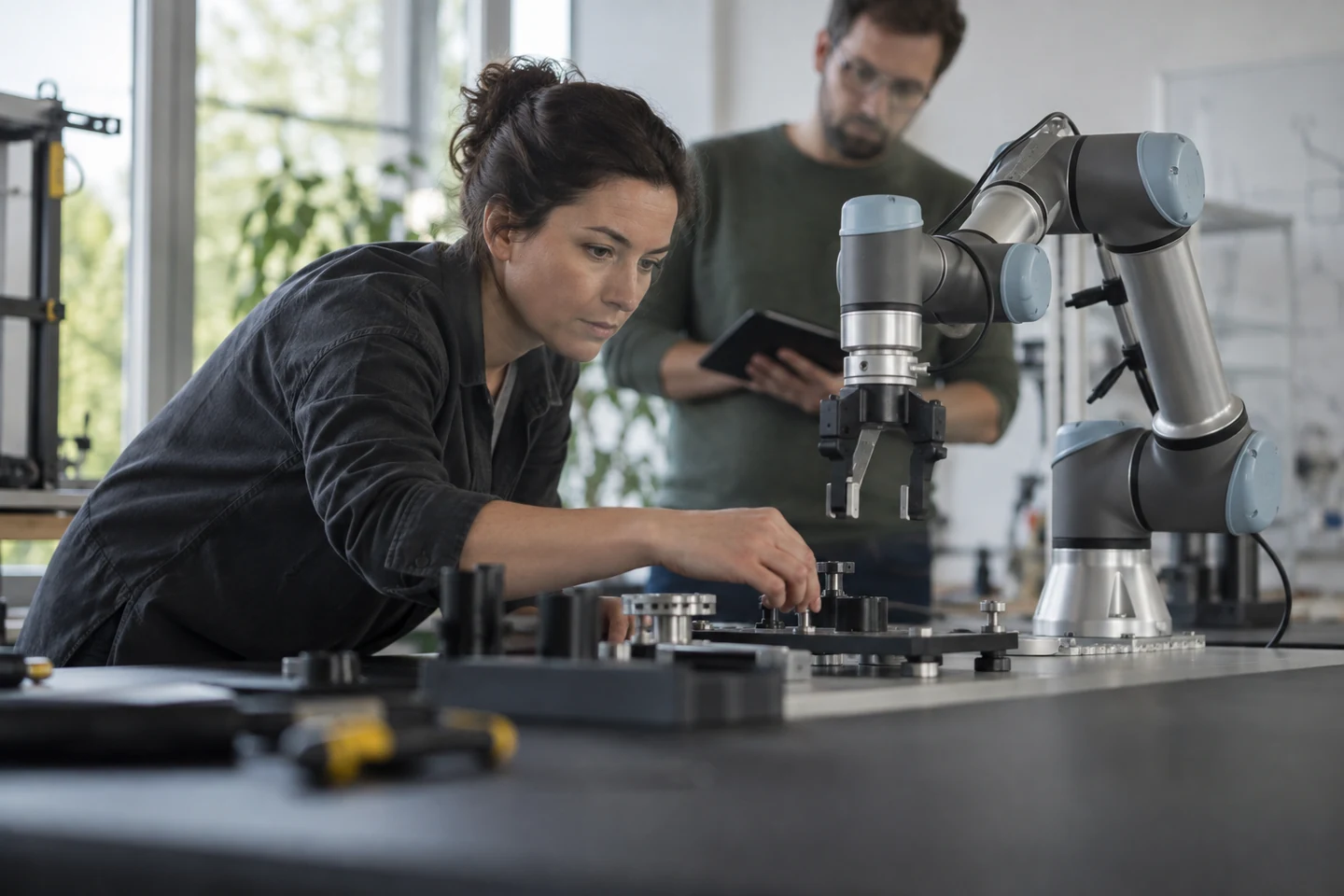 AI-generated illustration of robotics engineers testing a collaborative robot