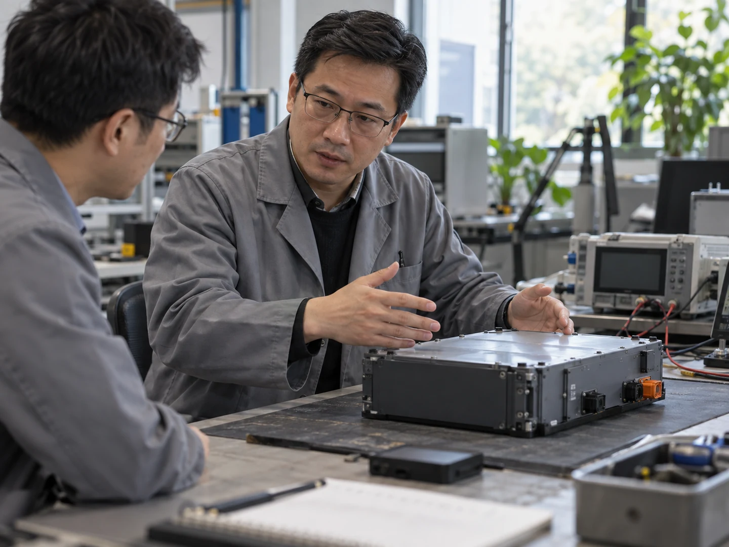 AI-generated illustration of storage specialists discussing battery systems