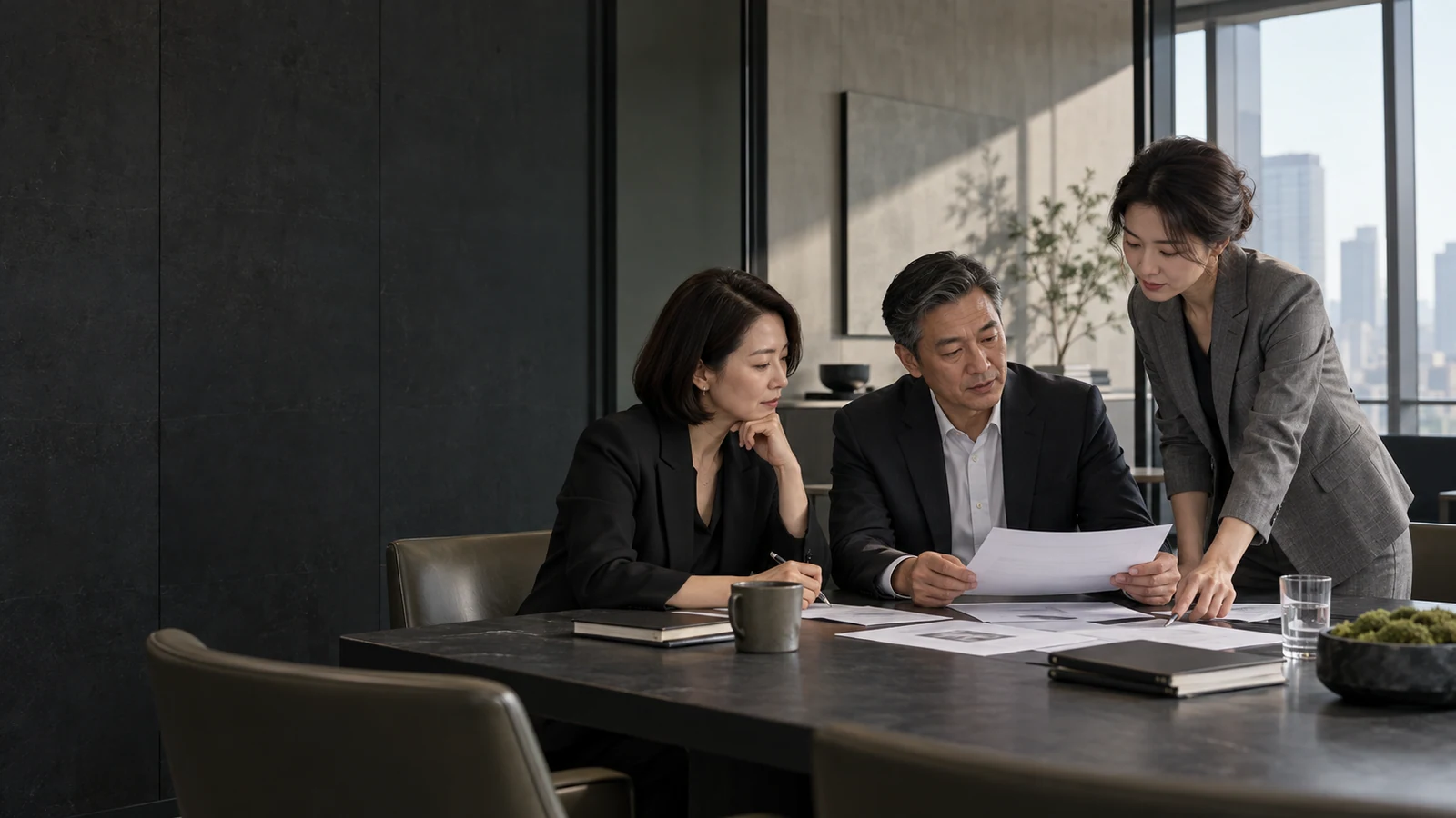 AI-generated illustration of business and HR leaders discussing roles and staffing with a consultant
