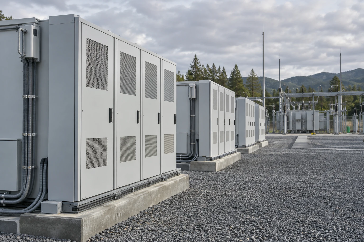 AI-generated illustration of storage battery cabinets and power distribution