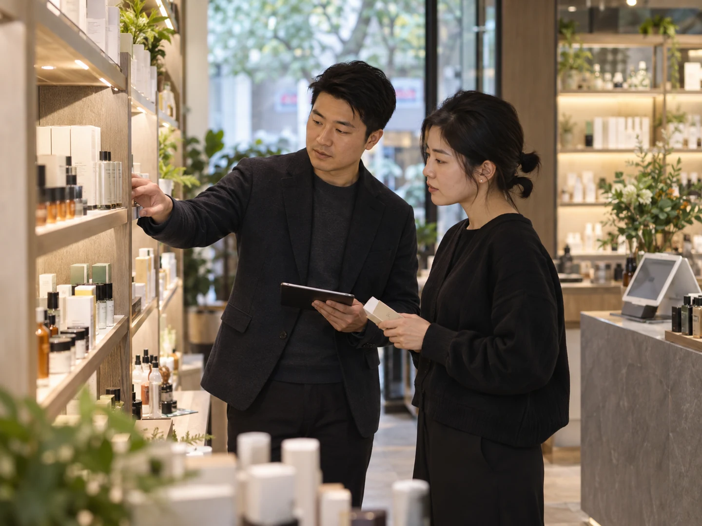 AI-generated illustration of retail managers discussing a store display