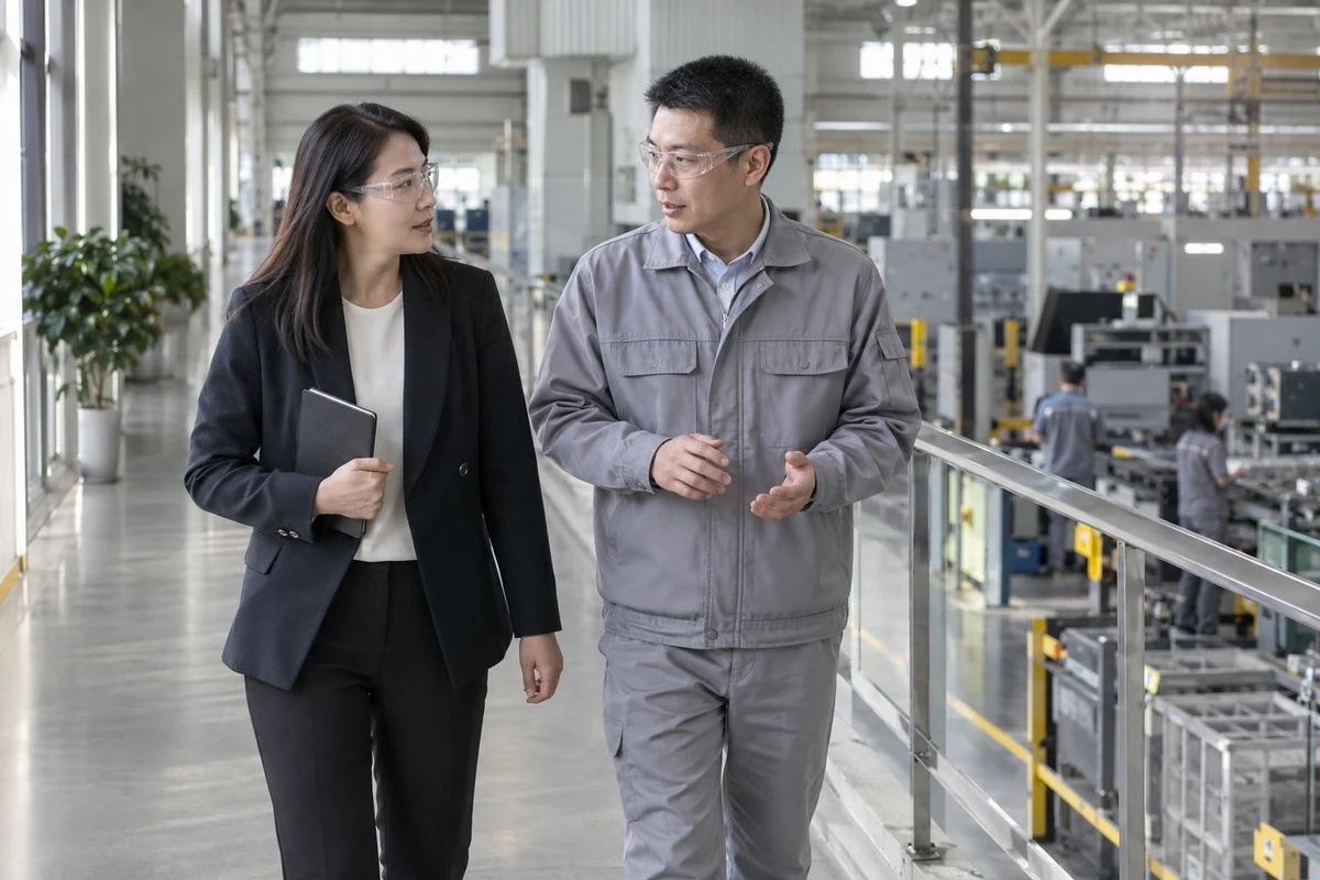 AI-generated illustration of a consultant and business leader reviewing team needs at a manufacturing site